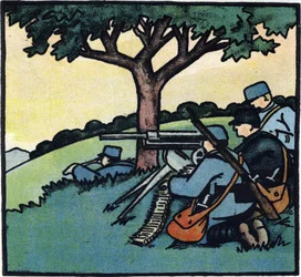 Pierwsza wojna światowa 1914-1918 (14-18): Żołnierze armii francuskiej używający karabinów maszynowych na polach bitew. Rycina w "Alfabecie Wielkiej Wojny 1914-1916 (dla dzieci naszych żołnierzy)". Editions Berger-Levrault