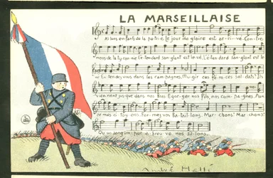 Pocztówka satyryczna w kolorach: Marsylianka - wojna 14-18 lat, Marsylianka, śpiewająca ilustracja Andre Helle (1875-1945)