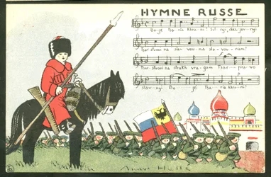 Pocztówka satyryczna w kolorach: Hymn Rosji - Wojna 14-18, Rosja, Śpiew - Żołnierze Ilustracja Andre Helle (1875-1945)