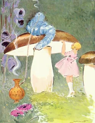 Alicja i Gąsienica, ilustracja z „Alicji w Krainie Czarów”, wydanej przez Editions Delagrave, Paryż. 1935 (kolor lito)