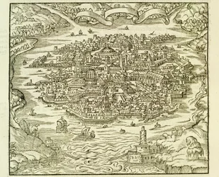 Miasto Quinsai (obecnie Tianjin), grawerowanie z La Cosmographie Universelle (Universal Cosmography) Andre Thevet