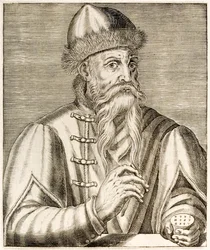 Johannes Gutenberg: niemiecki wynalazca, którego wynalezienie ruchomej prasy drukarskiej zapoczątkowało rewolucję drukarską, z „Prawdziwych portretów” André Théveta opublikowanych w 1584 r.