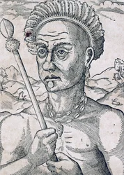 Król Quoniambec, Brazylia, rycina z Uniwersalnej kosmologii, Andre Thevet (1504-1592), Paryż