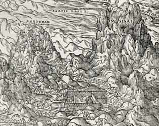 Górzysty region Synaju, rycina Andre Theveta (1504-1592), Paryż, Francja