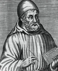 Portret Johna Dunsa, powszechnie zwanego Duns Scotus (1265 lub 1266-1308), szkockiego filozofa i teologa, rycina Andre Theveta (1504-1592) z książki The Real Portraits and Lives of Illustrious Grek, Latin and Pagan Men