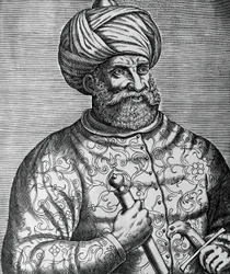 Portret Khayr al-Din, znany jako Barbarossa (1465-1546), turecki korsarz i admirał, rycina Andre Thevet (1502-1590)