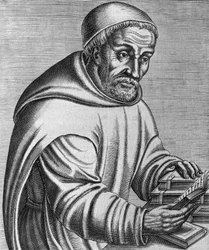 Portret Rabana Maurusa Magnentiusa (zm. 856), niemieckiego mnicha benedyktyńskiego i teologa, rycina da Les vrais pourtraits et vies des hommes illustrés grecz, latins et pogans, autorstwa Andre Theveta