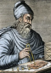 Nauki ścisłe: Archimedes z Syrakuz (287-212 p.n.e.), grecki matematyk starożytności, używający stopy ślizgowej do planów śruby Archimedesa, której zasadę działania zdaje się relacjonować z Egiptu i której używa do podnoszenia wody. Kolorowa rycina z XIX wi