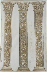 Motywy architektoniczne stanowiące granicę do Pochodu Cezara, Andrea Andreani (1540-1623) (drzewryt)