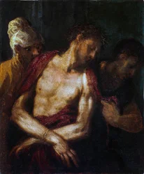 Ecce Homo par Schiavone, Andrea (ok. 1520-1582). Olej na drewnie, rozmiar: 34,9x31,4