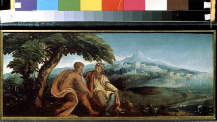Król Midas i Pan (Król Midas i Pan). Obraz Andrei Schiavone (ok. 1520-1582). olej na płótnie