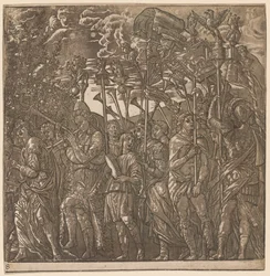 Triumf Juliusza Cezara: żołnierze niosący sztandary i sztandary, 1593-99.