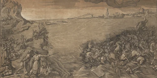 Przejście przez Morze Czerwone, Mojżesz stoi po lewej stronie wskazując na zanurzenie wojsk..., 1589.