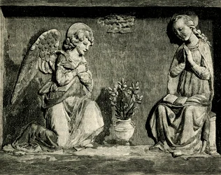 Zwiastowanie, Andrea Della Robbia (1435-1525 lub 1528), oratorium Madonna del Buon Consiglio, Prato, Toskania, Włochy, drzeworyt z Le cento citta d