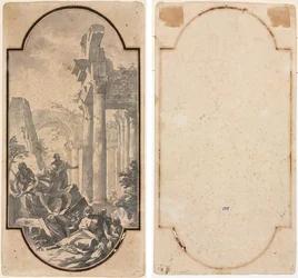 Figurki w pobliżu ruin świątyni korynckiej (recto); Fragment łuku (odrysowanie od recto) (verso)