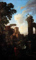 Pejzaż z ruinami i malarzem, Andrea Locatelli (1695-1741), olej na płótnie, 41x25 cm.