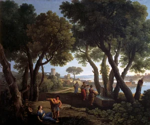 Pejzaż z kobietami przy studni, Andrea Locatelli (1695-1741), olej na płótnie, 61x73 cm.