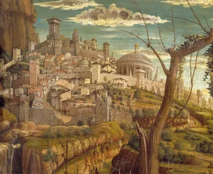 Andrea Mantegna Agonia w ogrodzie (1431-1506), tempera na desce, 71x94 cm, widok szczegółowy Jerozolimy