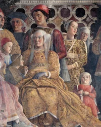 Barbara Brandenburska z córką Paulą i Rodolfo Gonzagami, fragment ściany sądowej, Andrea Mantegna (1431-1506), fresk, zamek San Giorgio, sala weselna lub Camera Picta, Mantua