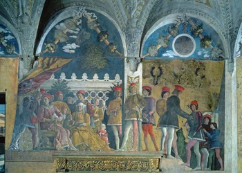 Marchese Ludovico Gonzaga III, jego żona Barbara z Brandenburgii, ich dzieci, dworzanie i ich pies Rubino, z Camera degli Sposi lub Camera Picta, 1465-74