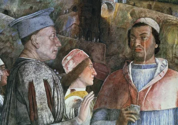 Marchese Ludovico Gonzaga III of Mantua reign 1444-78 greeting his son Cardinal Francesco Gonzaga, from the Camera degli Sposi or Camera Picta, 1465-74 fresco detail of 78449