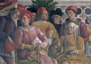 Marchese Ludovico Gonzaga III Mantui panował 1444-78, jego żona Barbara Brandenburska, dzieci i dworzanie, z Camera degli Sposi lub Camera Picta, 1465-74, fragment fresku z 78449