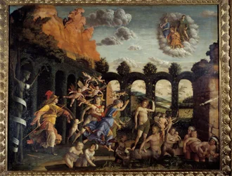 Minerwa w pogoni za imadłami z ogrodu Vertu Obraz Andrea Mantegna (1431-1506) XV w. Ndz. 1,6x1,92 m²