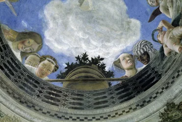 Oculus sufitu Komnaty Małżonków, Pałac Książęcy w Mantui, Włochy (Camera degli Sposi, Palazzo Ducale, Mantova): detal postaci alegorycznych i puttów. Fresk Andrei Mantegni (1431-1506)