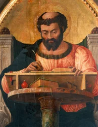 Św. Łukasz przy biurku, fragment z ołtarza Św. Łukasza Andrei Mantegny (1431-1506), tempera na drewnie