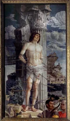 Męczeństwo świętego Sebastiana. Obraz Andrei Mantegni (1431-1506), 1480. Wymiary 2,55 x 1,4 m