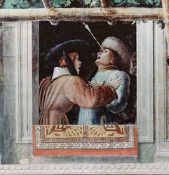 Męczeństwo św. Krzysztofa, detal mężczyzny przeszytego strzałą przez oko, ok. 1450-56