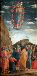 Wejście. Obraz Andrea Mantegna (1431-1506) z 1460 r. 86x42,5 cm. Firenze, Galleria degli Uffizi. - Wniebowstąpienie Chrystusa, Andrea Mantegna (1431-1506). Tempera na drewnie, 86x42,5 cm