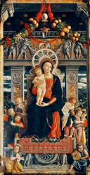 Dziewica na tronie, fragment środkowej części ołtarza San Zeno autorstwa Andrei Mantegny (1431-1506), drewno, 220x115 cm, bazylika San Zeno, Werona