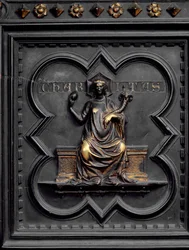 Dobroczynność, panel C południowych drzwi baptysterium San Giovanni, 1336 (brąz)