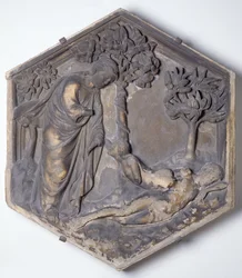 Stworzenie Ewy, sześciokątna dekoracyjna płytka reliefowa z serii ilustrującej epizody z Księgi Rodzaju, prawdopodobnie według projektów Giotta (ok. 1266-1337) ok. 1334-48 (marmur)