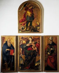 Poliptyk z Madonną i świętymi, autor Andrea Sabatini da Salerno (1480-1530), malarstwo na drewnie.