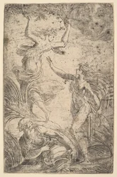 Apollo po prawej trzymający łuk goni Daphne po lewej, ca. 1538-40.
