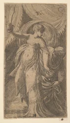 Judyta z uniesionym mieczem w prawej ręce i kładąca głowę Holofernesa i..., ca. 1540-45.