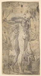 Stojący Merkury trzymający w prawej ręce kadego, w lewej lirę, ca. 1536-40.