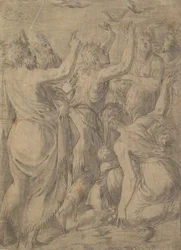 Mojżesz pokazujący Izraelitom przepiórki cud przepiórek i manny, ca. 1545.