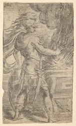 Mutius Scaevola wkładając rękę w płomienie pozostawił połowę kompozycji, której r..., ca. 1540.