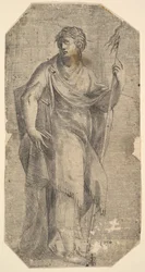 Św. Mateusz trzymający laskę i księgę, skręcając w lewo, ok. godz. 1540-50.