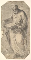 Św. Piotr trzymający dużą otwartą księgę, u boku klucze, z „Chrystusa i Apostoła..., ca. 1548-50.