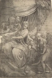 Święta Rodzina, anioł z kwiatami zbliżający się z prawej strony, ok. godz. 1550-53.