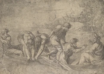 Cudowny połów ryb, Chrystus po prawej w towarzystwie apostołów w..., ok.1548-52.