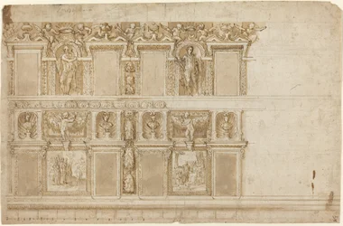 Ściana pałacowa ozdobiona rzeźbami i obrazami