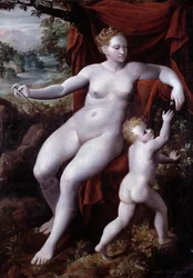 Obraz Wenus i Kupidyna autorstwa Andrea Semino (1526-1594) 1577 Genes, Musei di Strada Nuova (dawniej Palazzo Bianco)