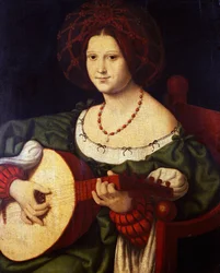 Lutniarz, Andrea Solario (ok. 1465-1524), olej na płótnie, 64x52 cm. Włochy