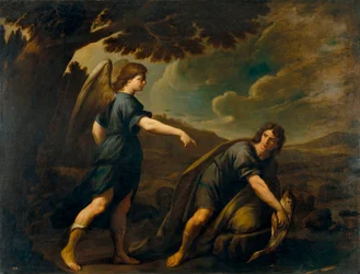 Anioł i Tobiasz z rybą - obraz Andrea Vaccaro (1604-1670), olej na płótnie (199,5x262 cm), ok. 1640, sztuka włoska