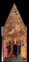 „Wniebowstąpienie Chrystusa” Poniżej Maryja Dziewica i apostołowie obserwujący Jezusa Chrystusa. Powyżej przedstawienie proroka Jeremiasza. Tempera na desce autorstwa Andrea Vanni (1332-1414) 1355-1360 Wymiary 68x28 cm Ermitaż, Sankt Petersburg (Saint-Pete